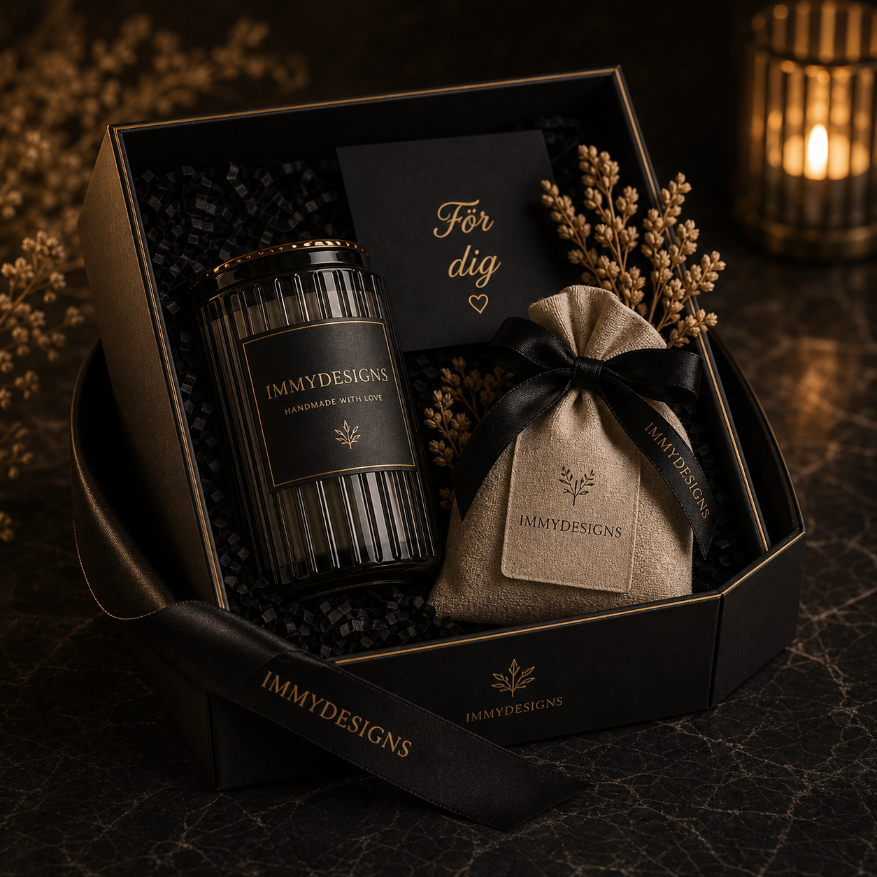 Exklusiv ImmyDesigns presentbox med ljus och personlig hälsning