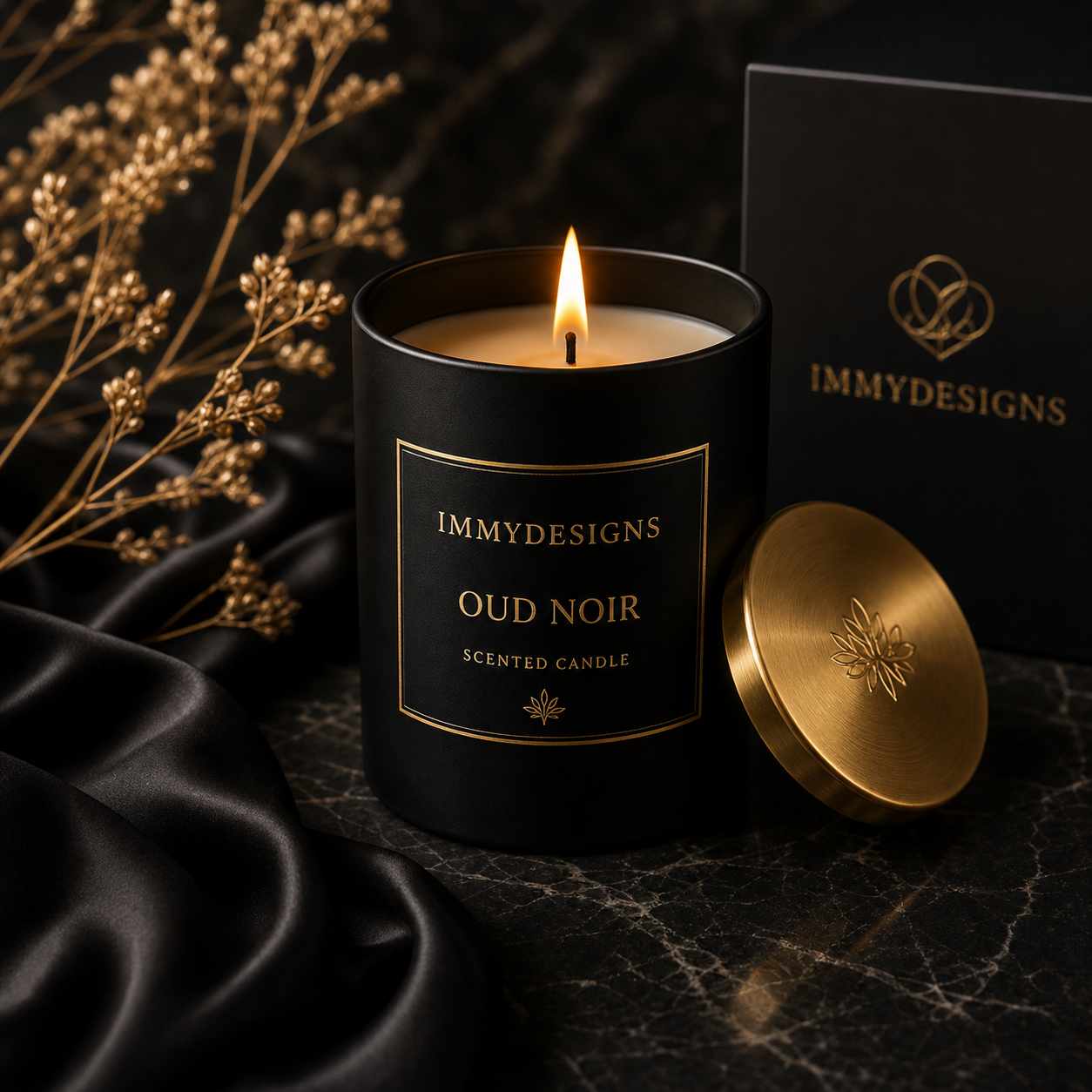 Svart premiumljus Oud Noir med guldetikett